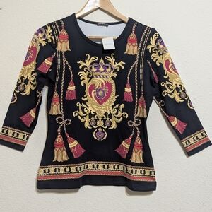 J. McLaughlin Signature Tee Shirt Black/Gold Eastbury Catalina Cloth Size XS NWT